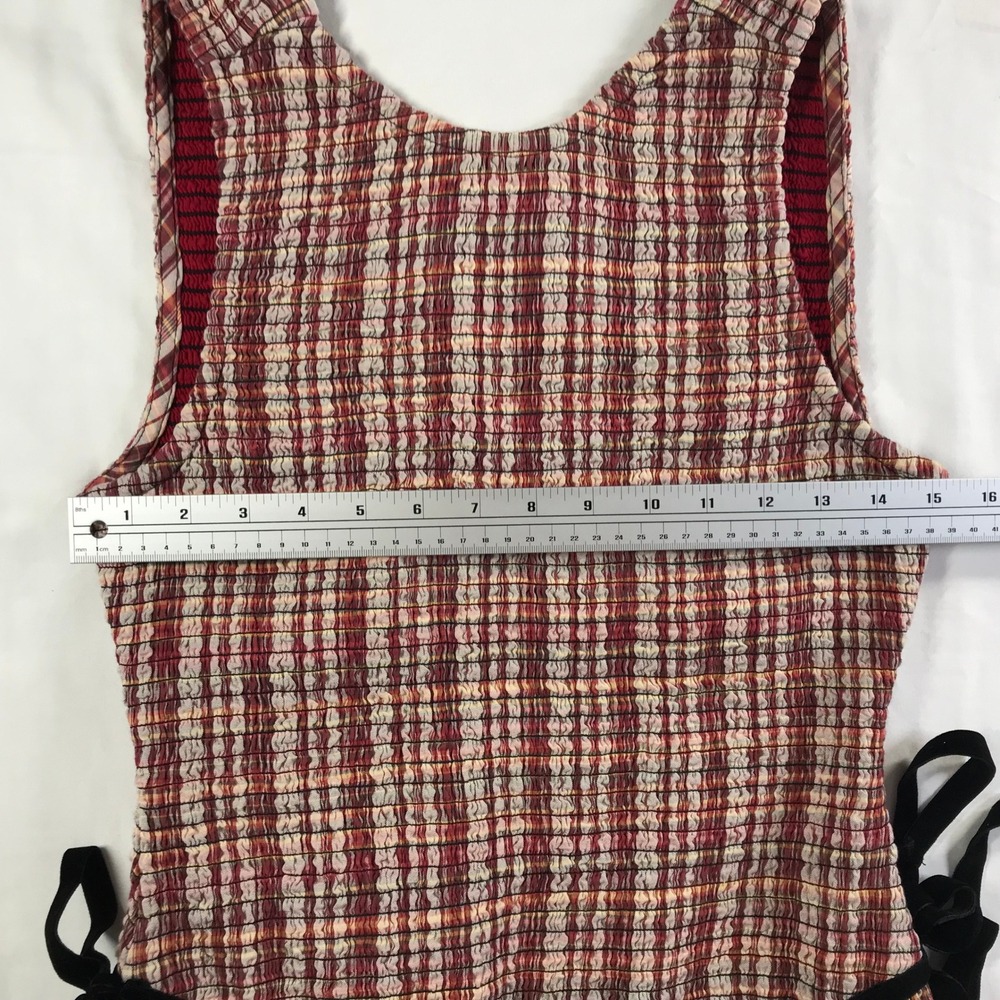 Free People Red Plaid Smocked Nightingale Dress Sleeveless Velvet Tie Medium M - Picture 3 of 7